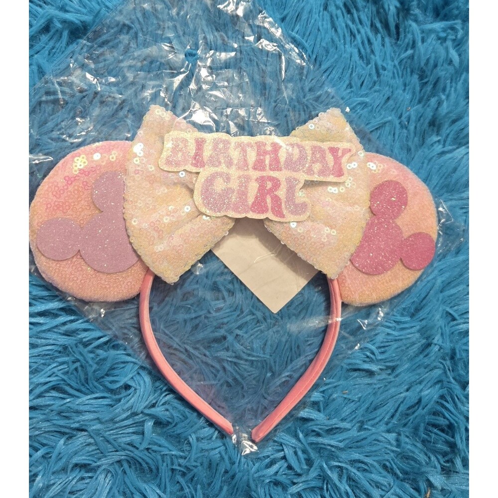 "Birthday Girl" Mouse Ears Headband Pink Bows Sequin Hair Accessories